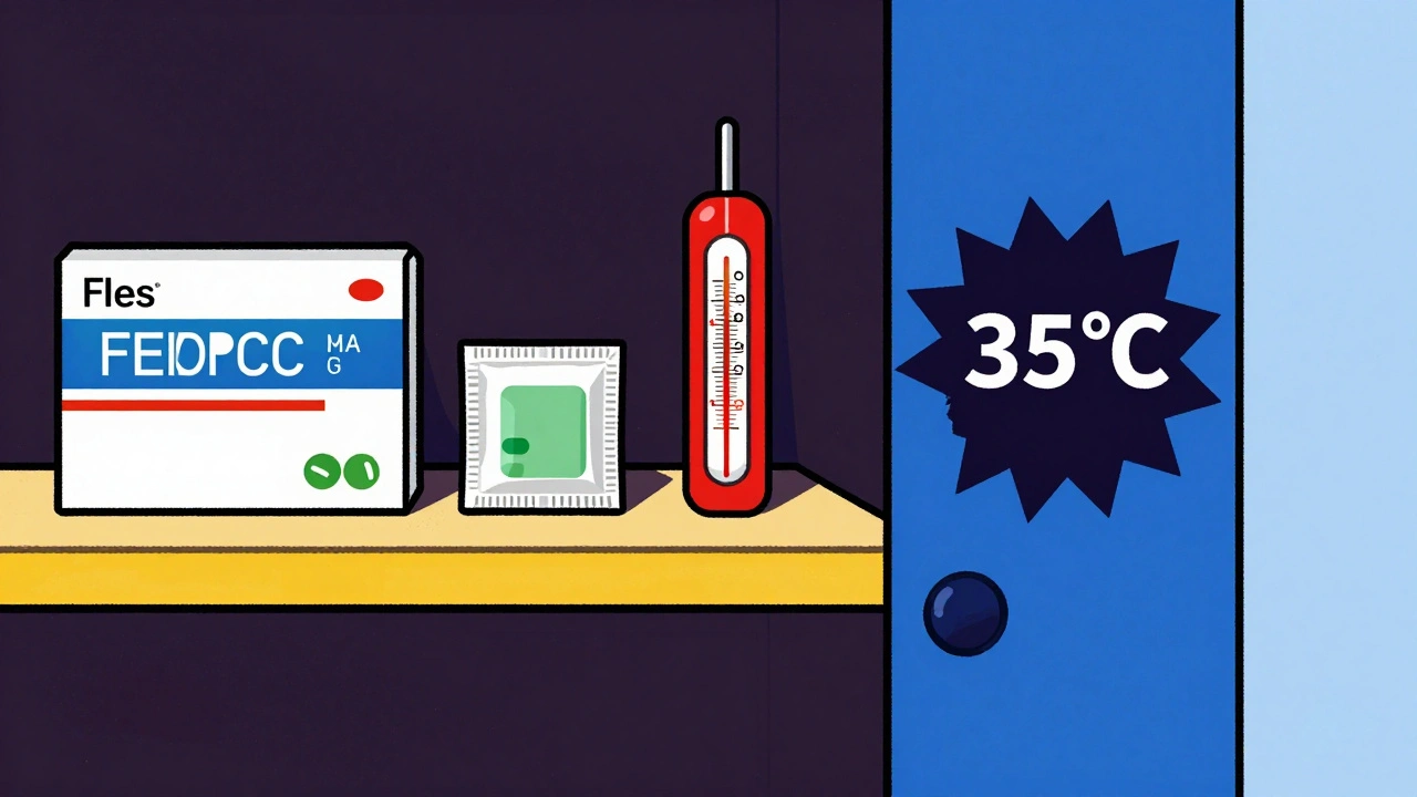 Armadietto da camera con farmaci conservati correttamente, termometro e sacchetto di silice in stile geometrico.