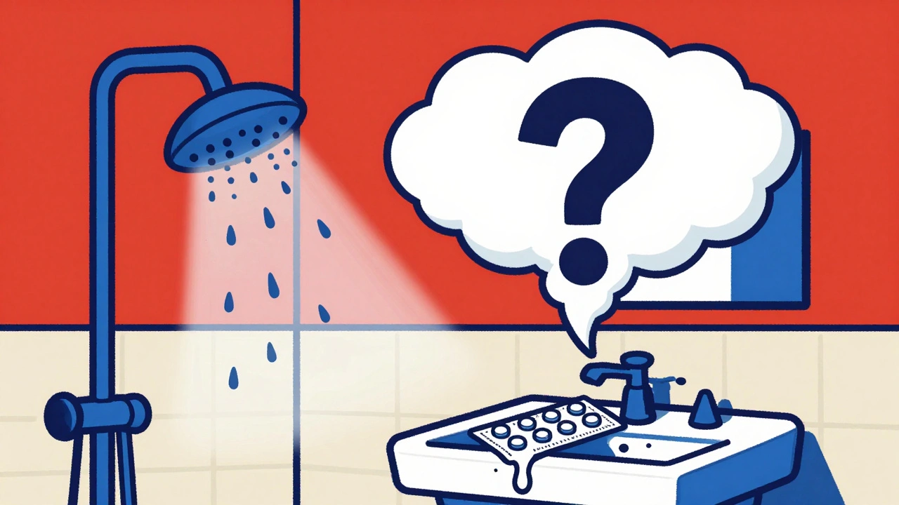 Confezione di farmaci nel bagno che si scioglie mentre il vapore dell&#039;acqua la circonda in forme astratte.