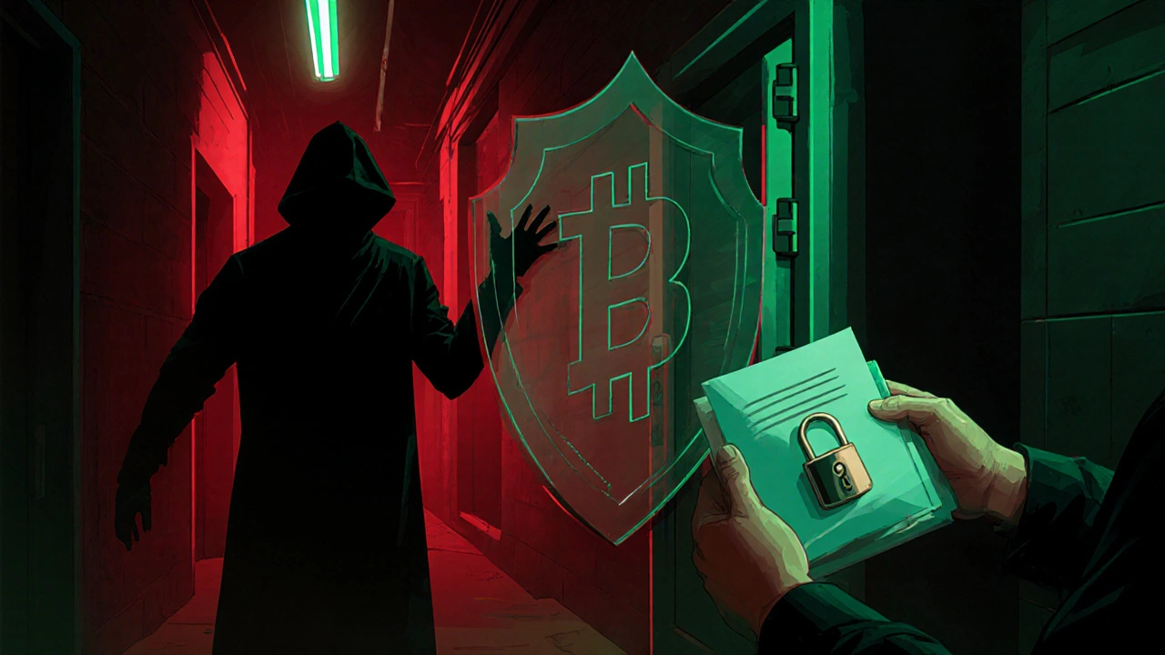 Figura difende le criptovalute da phishing con scudo digitale e porta documento.