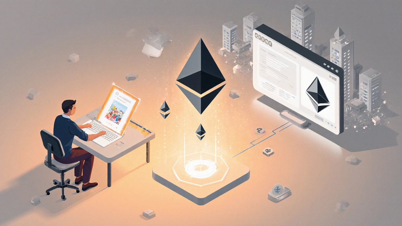 Illustrazione isometrica del processo di minting NFT, con artista, smart contract e gas fee.