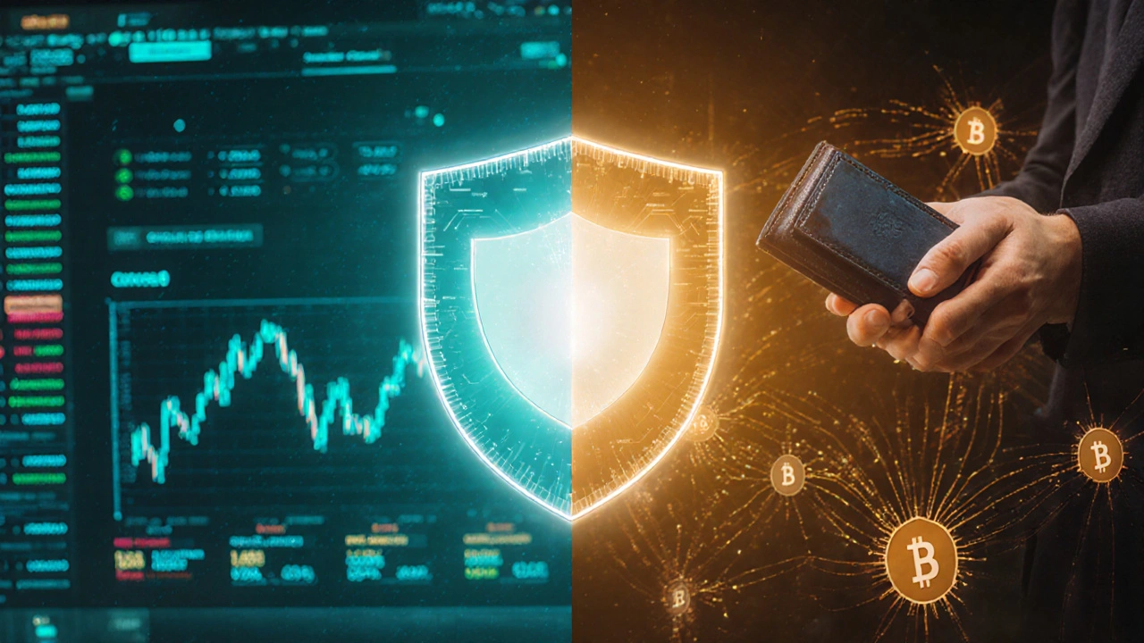Scena divisa che confronta exchange centralizzato e decentralizzato con nodi blockchain.