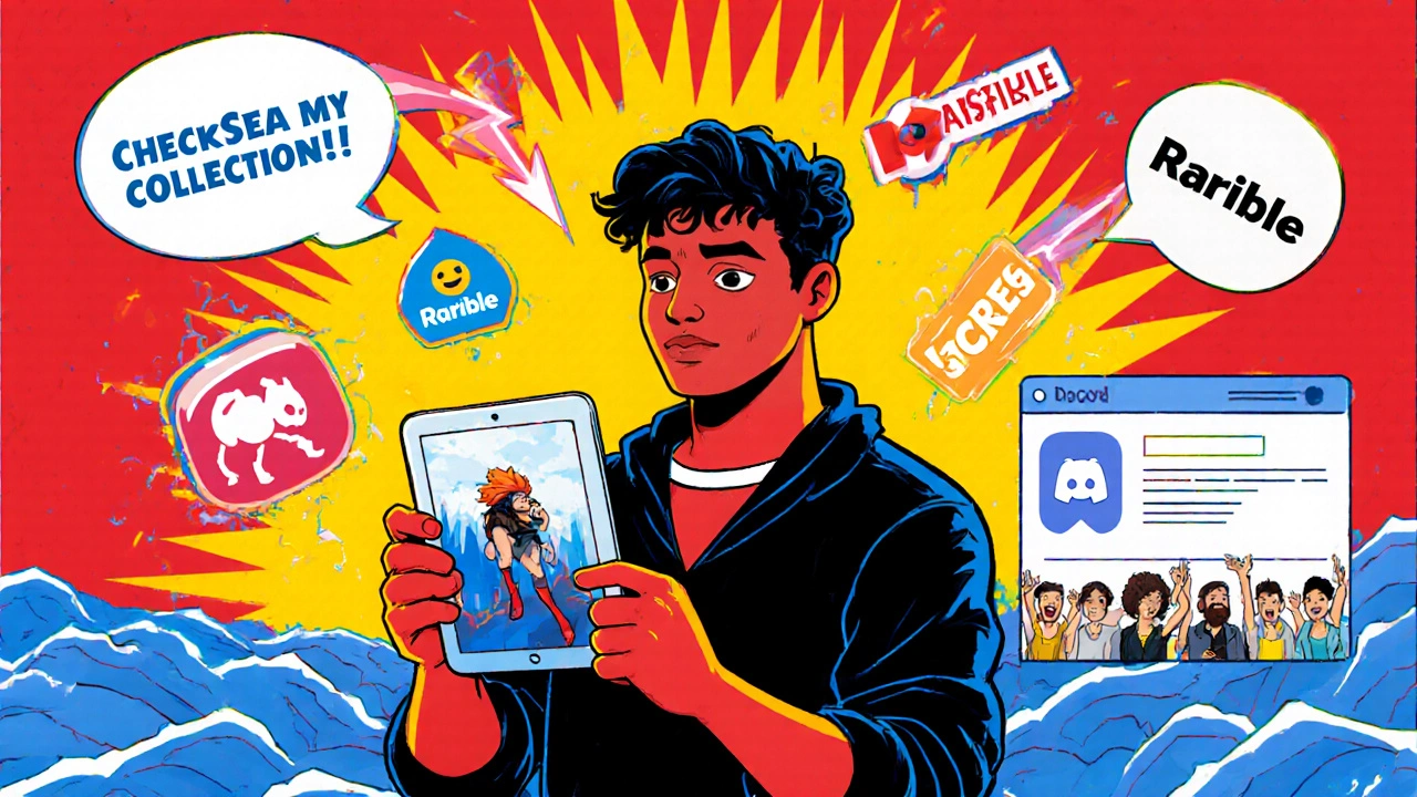 Scena in stile fumetto di un artista che promuove NFT su più marketplace e community Discord.