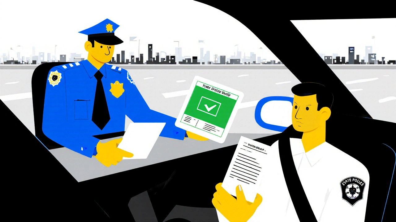 Agente di polizia verifica l&#039;assicurazione con tablet mentre il conducente mostra la copia cartacea.