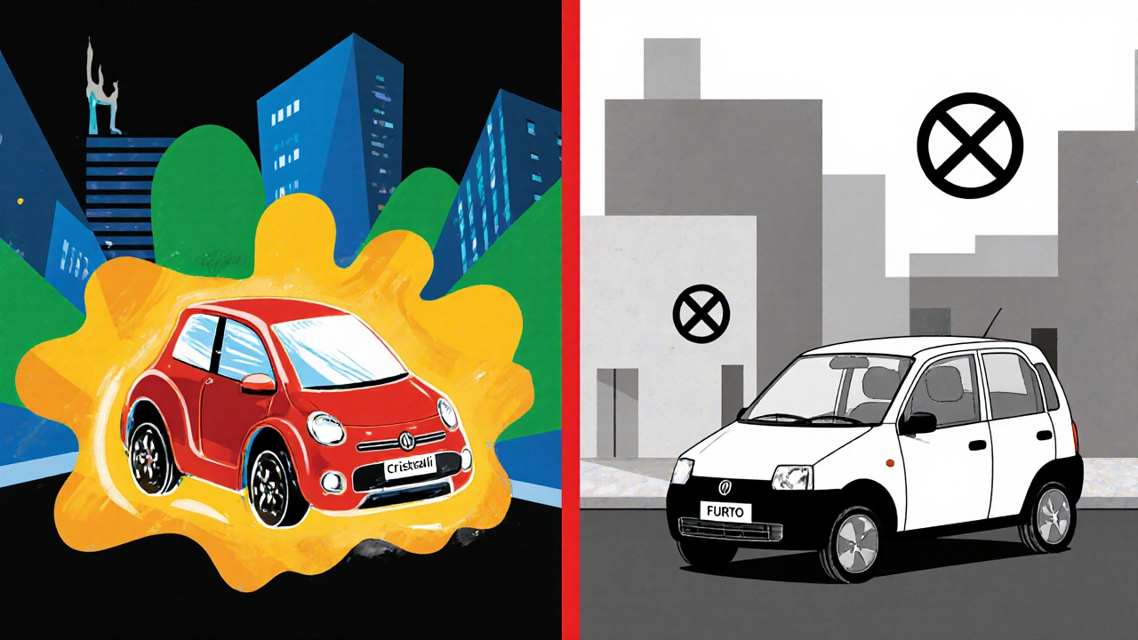 Auto di lusso con molte coperture a sinistra, auto vecchia con poche coperture a destra, fondo geometrico.