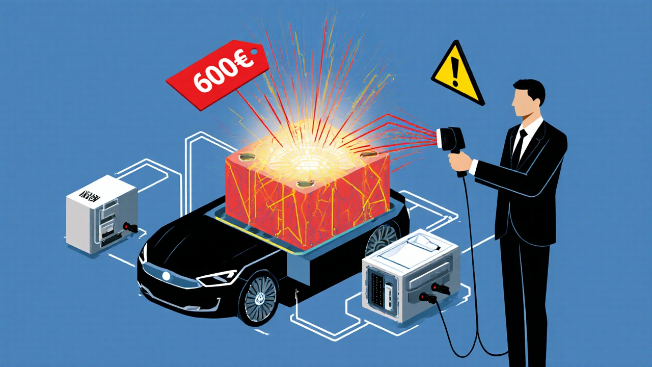 Auto elettrica con batteria ad alta tensione e sistemi collegati in stile De Stijl, costo evidenziato.