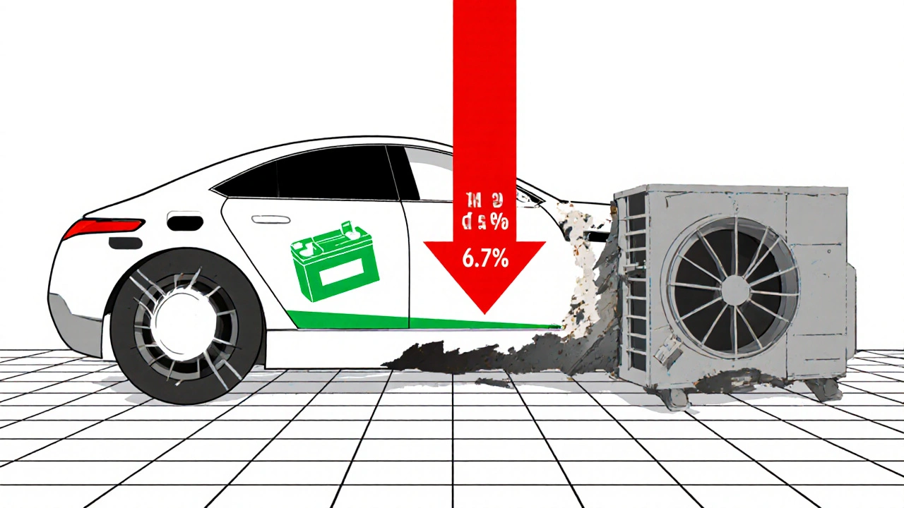 Auto elettrica con batteria che perde autonomia per l'aria condizionata, simboli geometrici di pompa di calore.