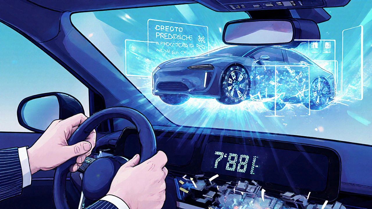 Auto futuristica con diagnosi predittiva AI e strumento professionale, contrasto con lettore obsoleto in stile De Stijl.