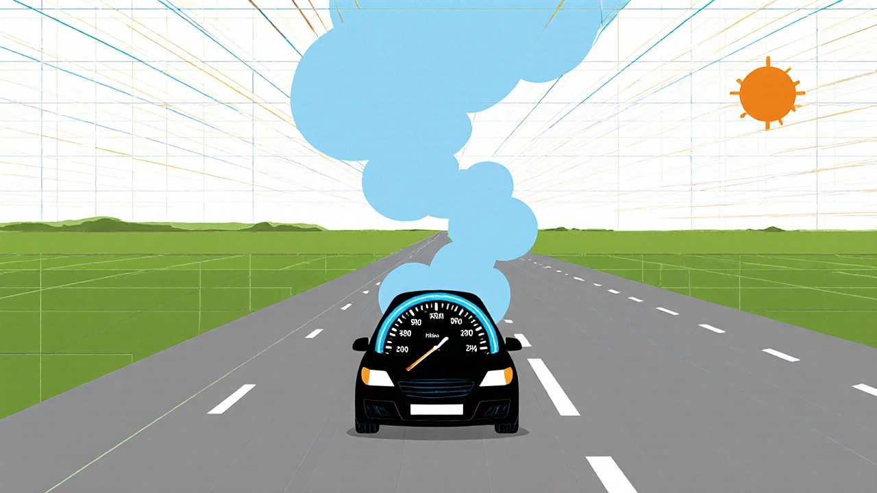 Auto in autostrada con DPF pulito e luce blu, stile De Stijl con linee orizzontali e verticali.