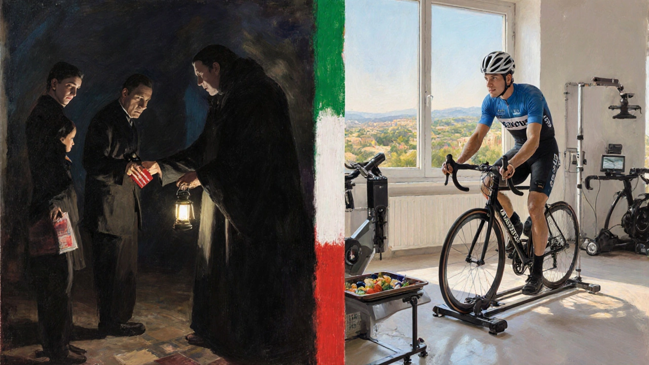 Bartali aiuta una famiglia ebrea nella notte, mentre Coppi si allena in un laboratorio moderno.