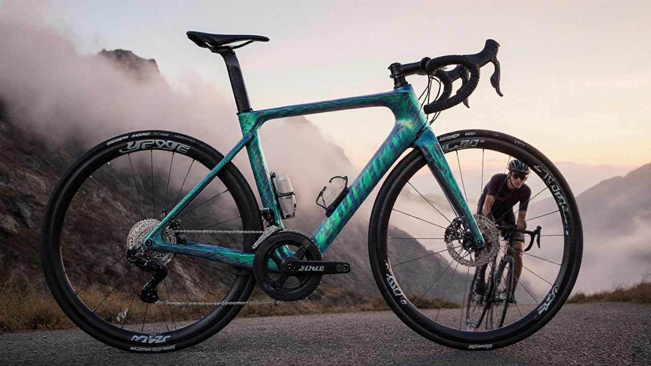Bicicletta futuristica americana con carbonio 3D e componenti integrati su sfondo al sorgere del sole.