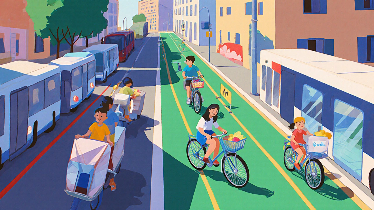 Biciclette elettriche e cargo bike in una via milanese ben progettata, con corsie protette e persone in movimento.