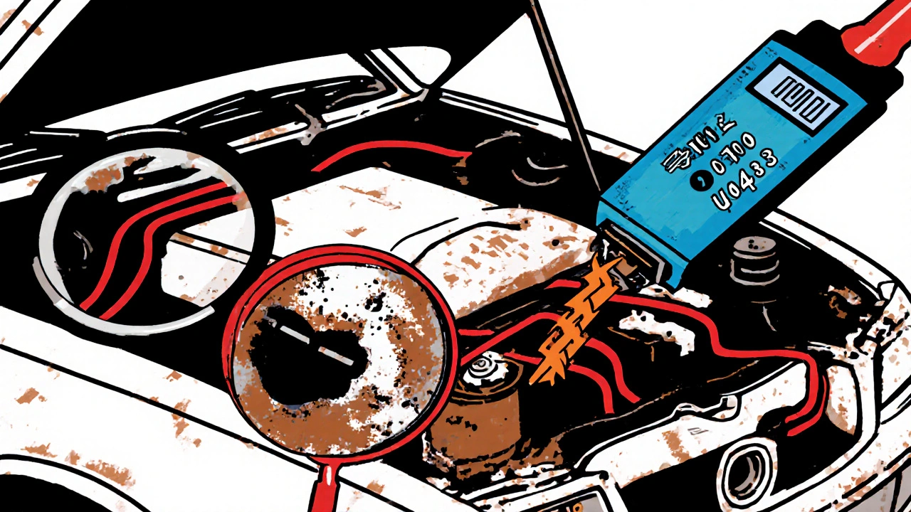 Cavi corrotti e massa ossidata sotto il cofano, con strumento OBD-II che mostra codici U in stile De Stijl.