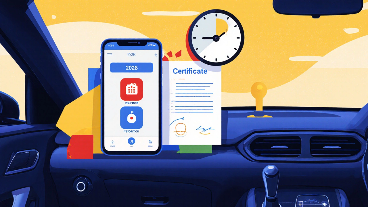 Certificato digitale e cartaceo sul cruscotto, con icone dell&#039;app IO in stile geometrico.