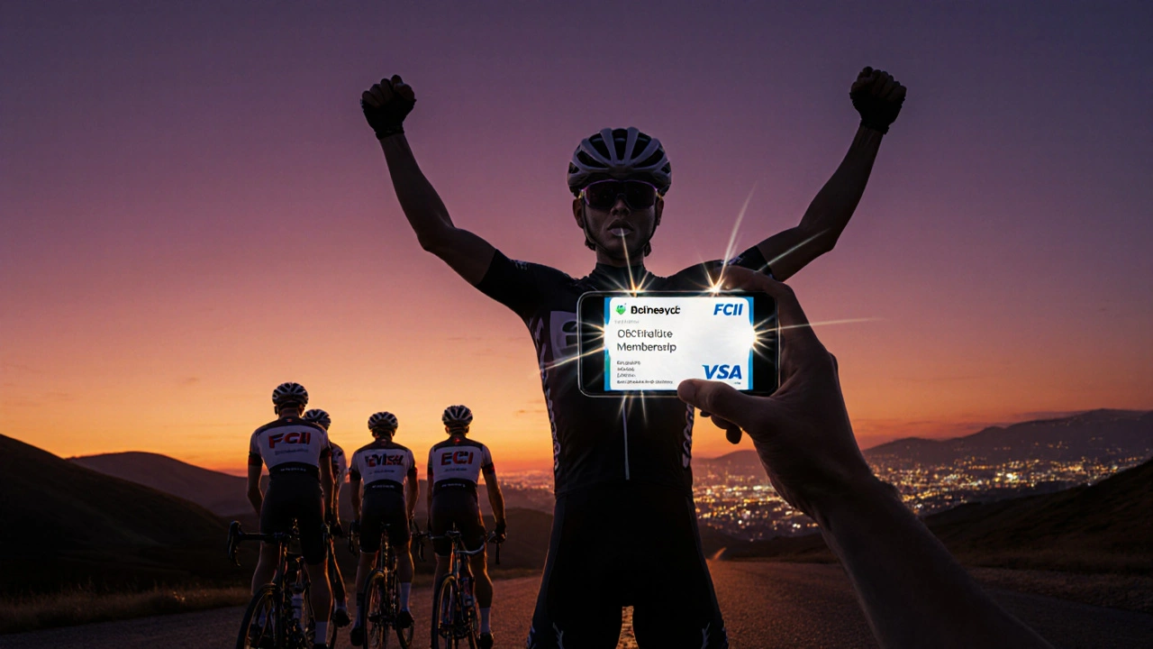 Ciclista che mostra la tessera digitale FCI al tramonto con squadra sullo sfondo.