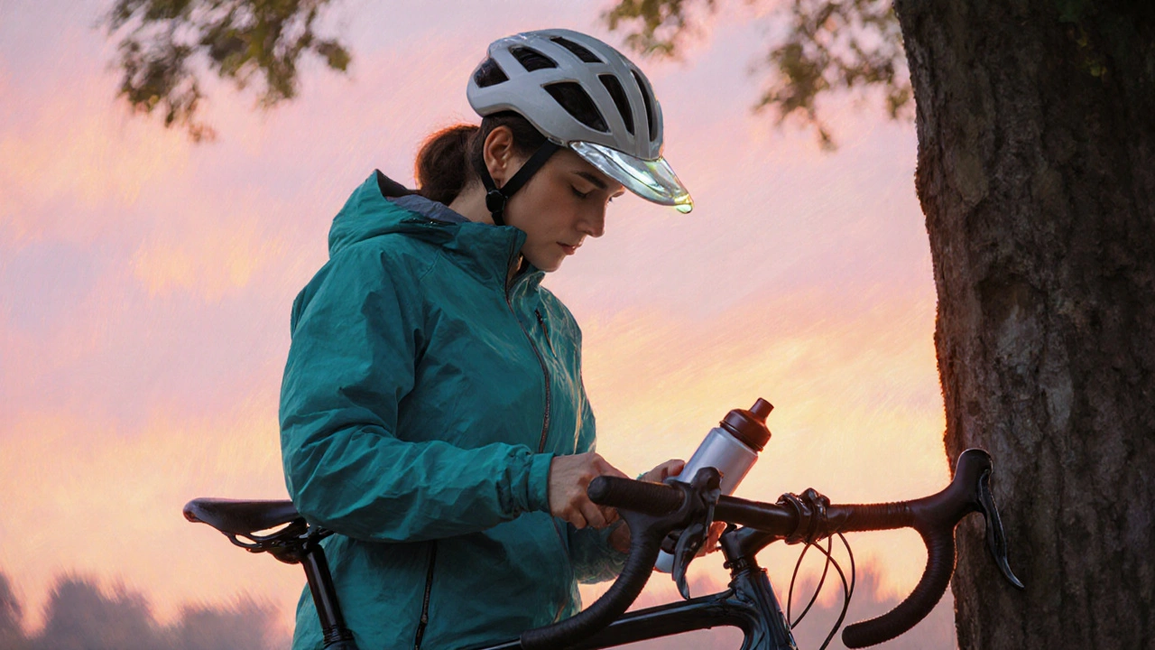 Ciclista pronto a partire al mattino, controlla borraccia, regola il cappellino e afferra il manubrio.