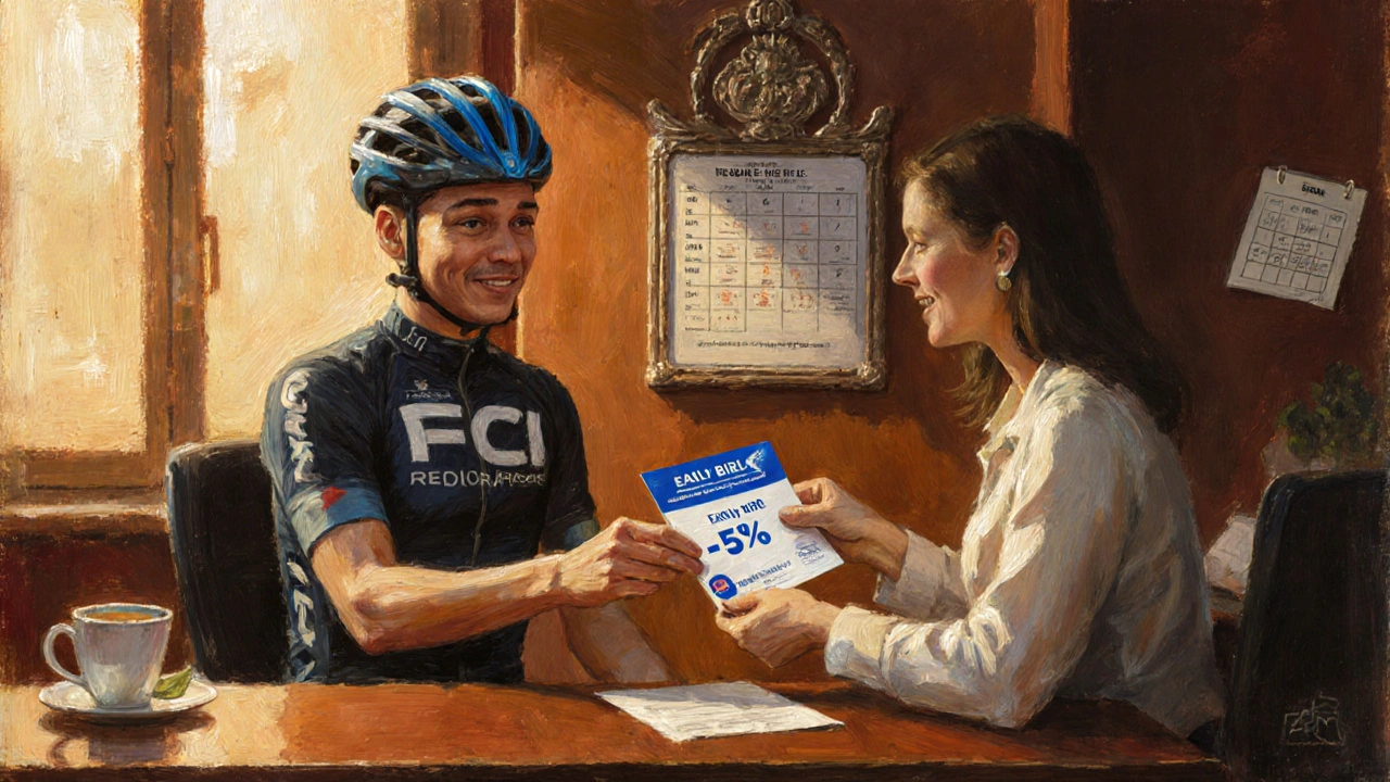 Ciclista riceve la tessera FCI in ufficio, sorridente, con cartelli sconto.