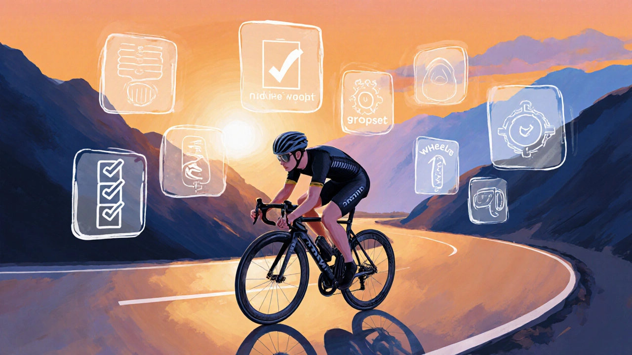 Ciclista su bici carbonio in salita al tramonto, con icone trasparenti di una checklist di acquisto.
