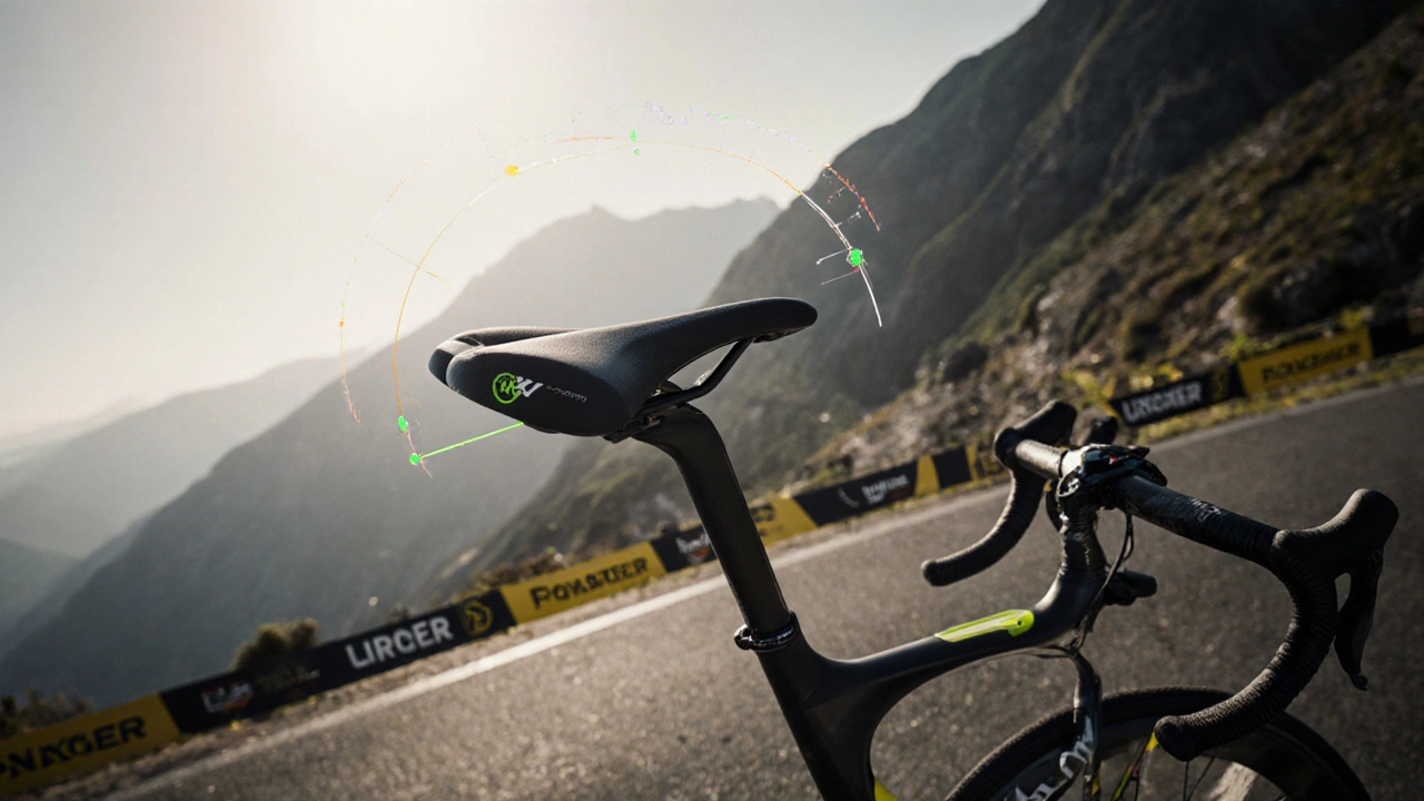 Close-up of Pogačar's custom saddle and extended aerobar with biomechanical angles highlighted.