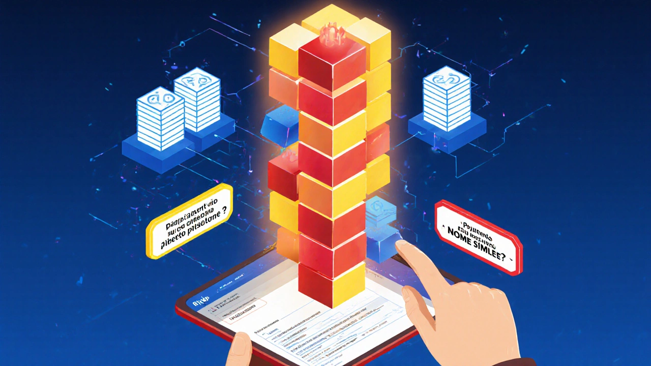 Colonna blockchain RIGA 2.0 con polizze digitali e avvertimenti geometrici in rosso, giallo e blu.