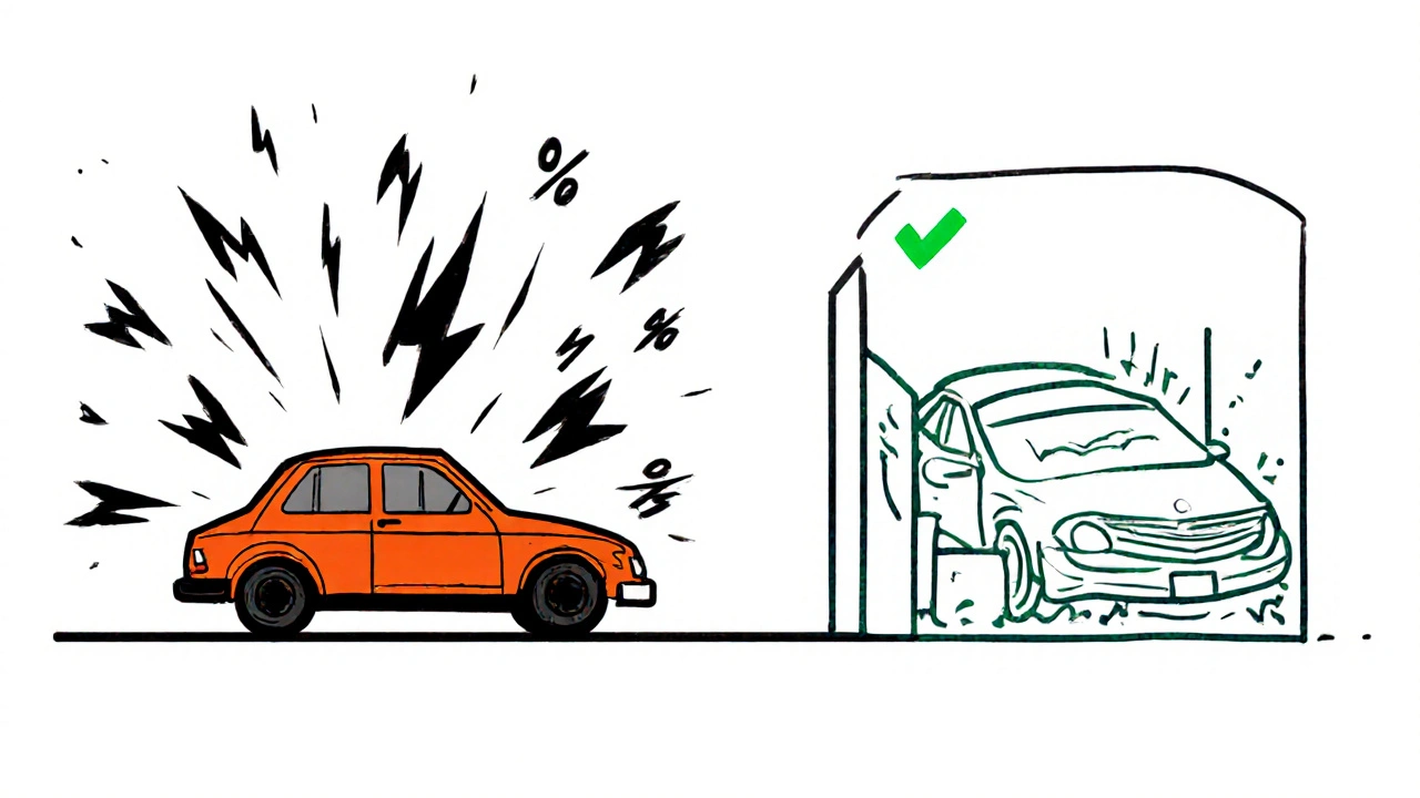 Confronto tra auto in strada a rischio alto e auto in box a rischio basso, stile De Stijl.