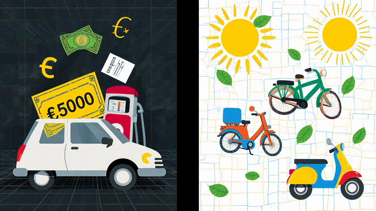 Confronto tra costi e stili di vita: auto pesante e costosa da un lato, mezzi leggeri e sostenibili dall&#039;altro.