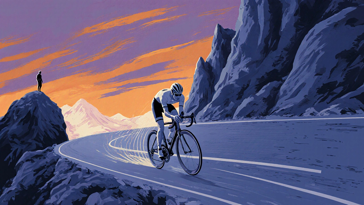 Coppi in testa a una cronometro del Giro, con la strada di montagna sullo sfondo.