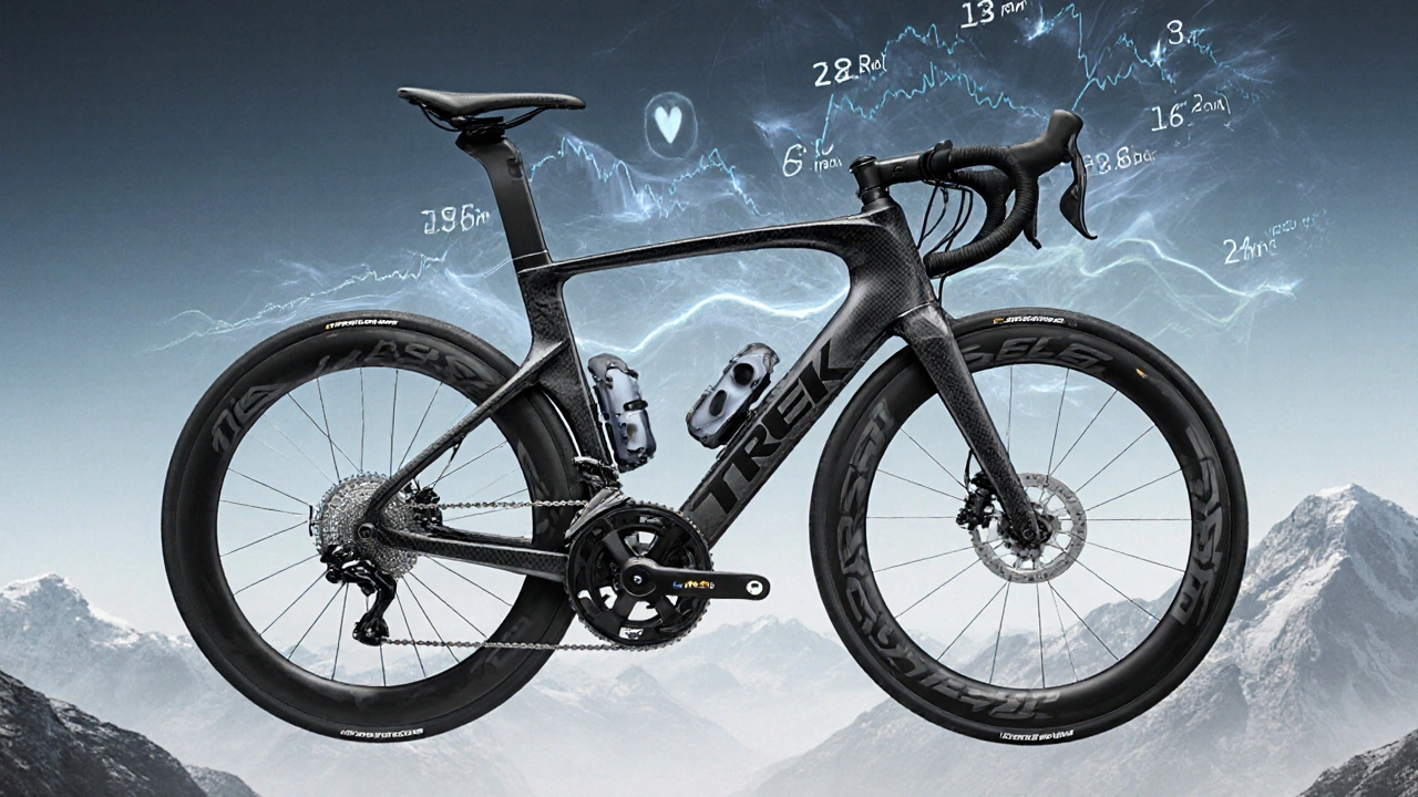 Cross-section view of Pogačar's custom bike showing internal components and biomechanical data.