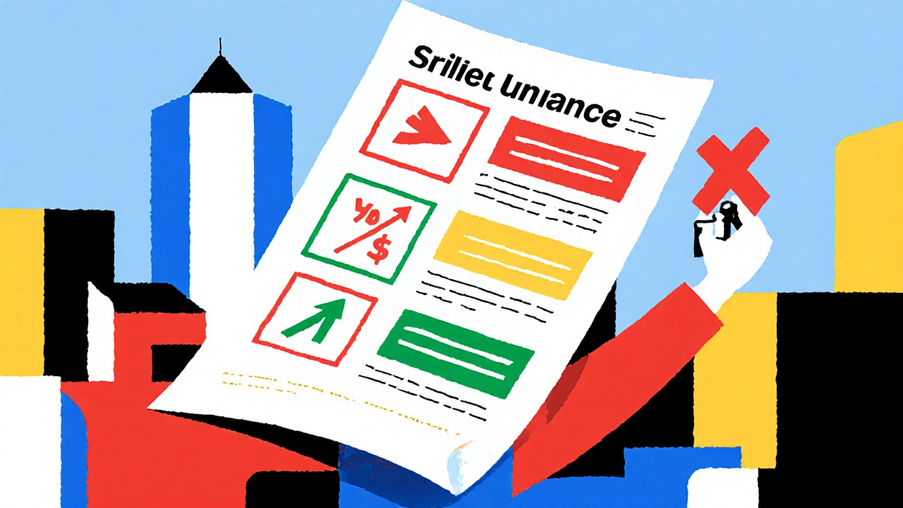 Documento assicurativo con frecce di costo e simbolo di frode, in colori primari e linee geometriche.