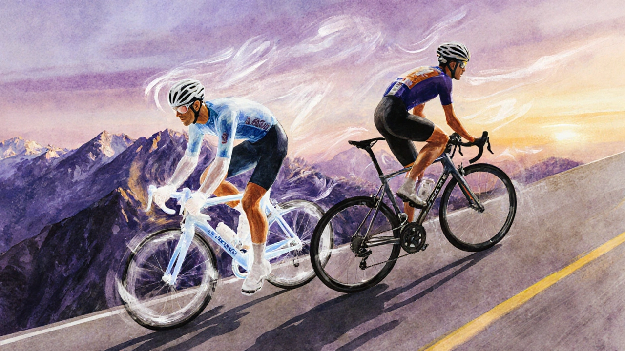 Due ciclisti, uno moderno e uno fantasma di Pantani, che affrontano una salita, con linee che suggeriscono alta cadenza.