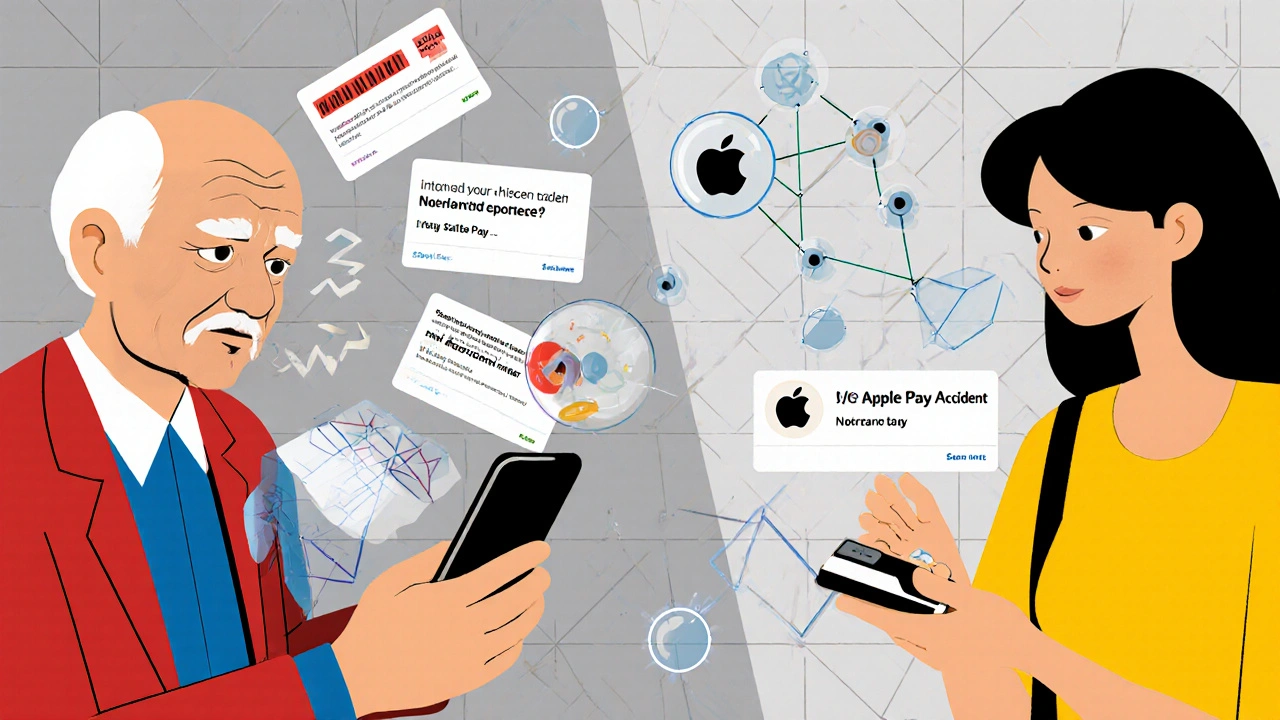 Due generazioni a confronto: uno confuso dallo smartphone, l'altra che paga facilmente con nodi blockchain visibili.