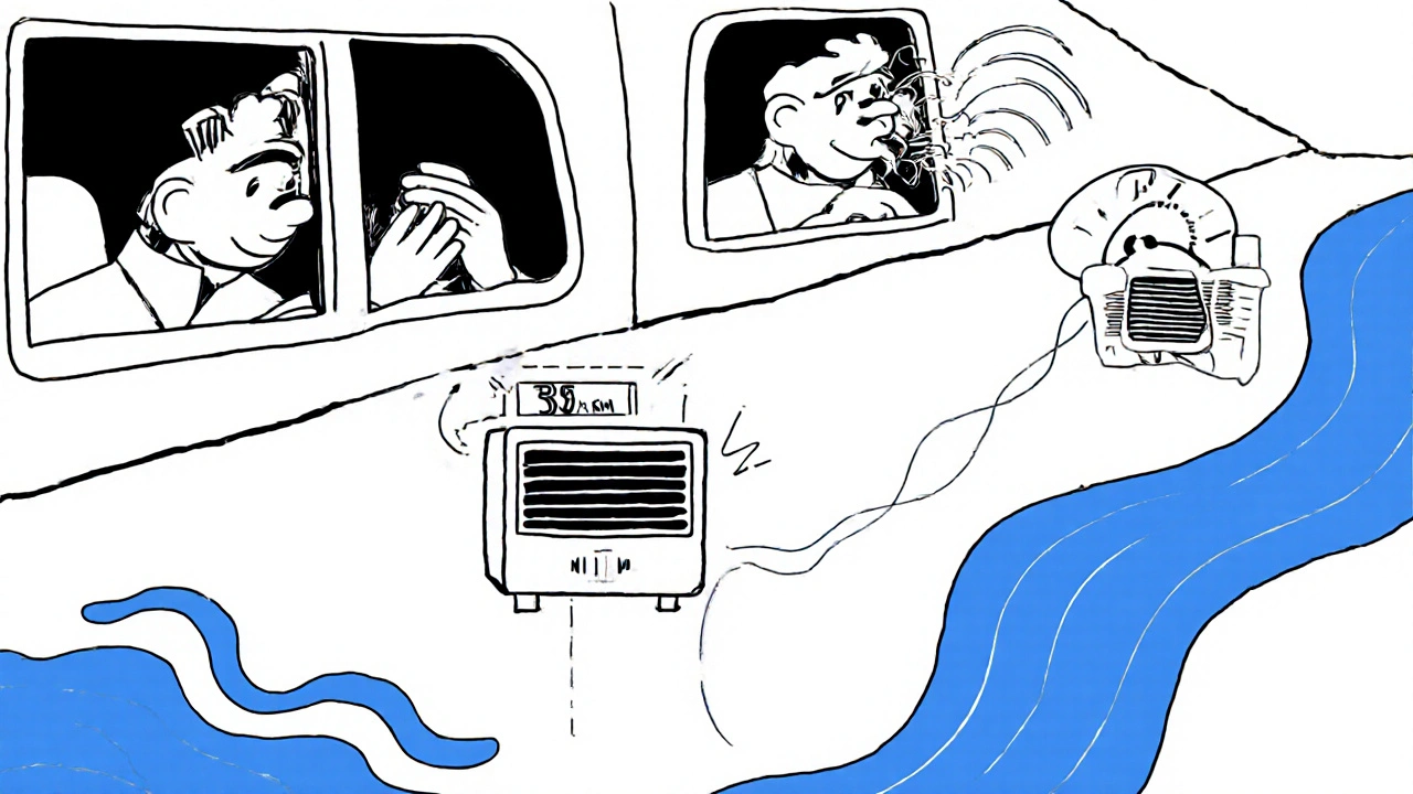 Guidatore che apre e chiude i finestrini, con percorsi visivi che mostrano risparmio energetico e filtro antipolline.