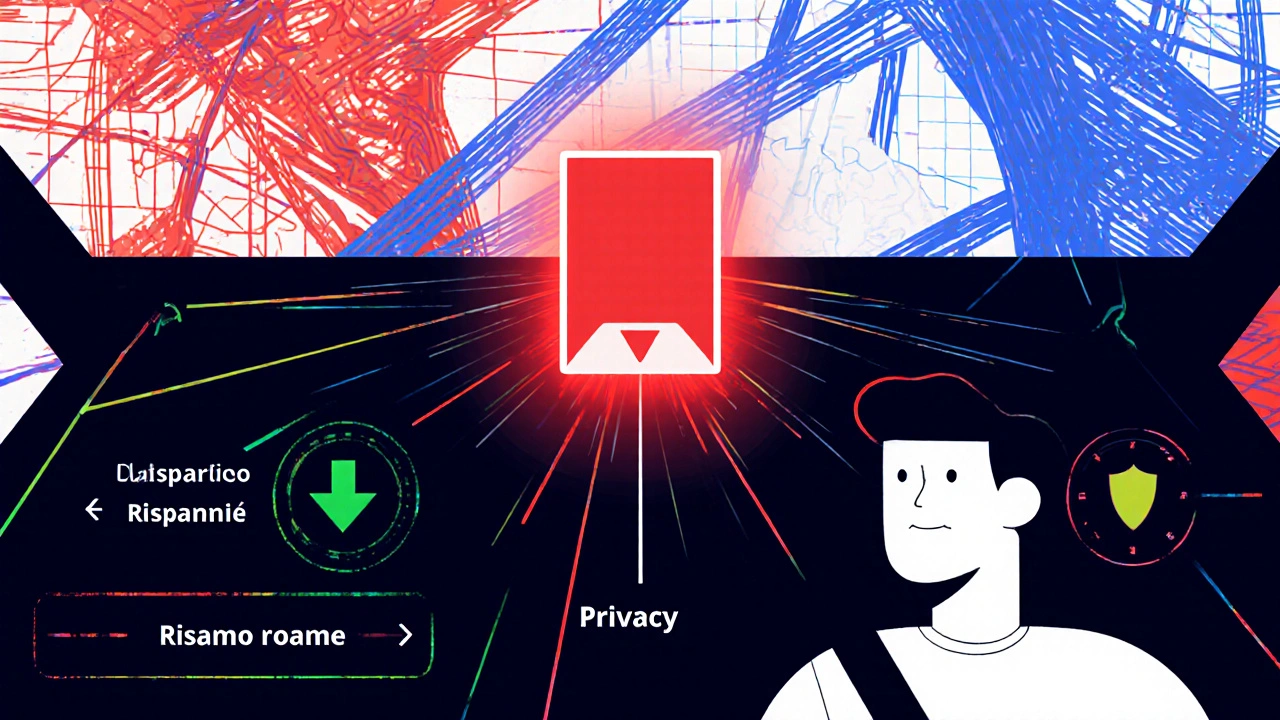 Guidatore che sceglie tra risparmio e privacy con dispositivo telematico in stile astratto.