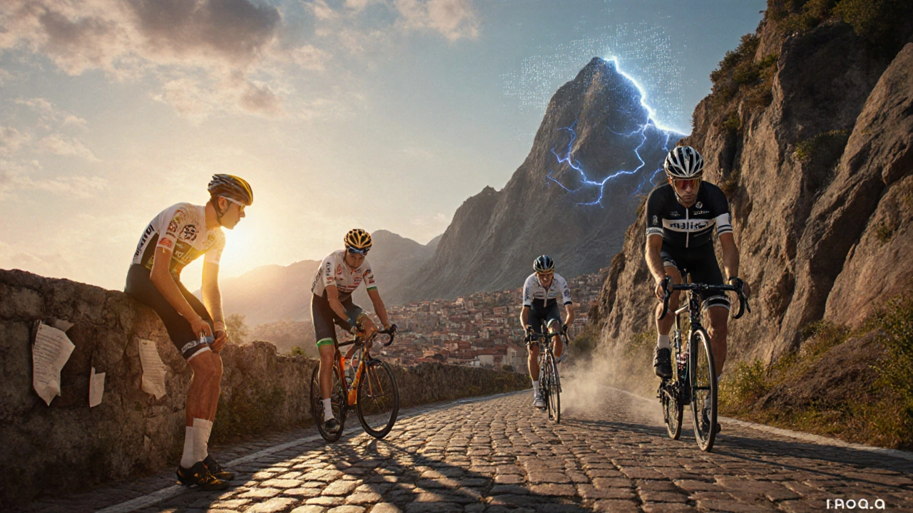 I quattro ciclisti leggendari in un dipinto con elementi simbolici.