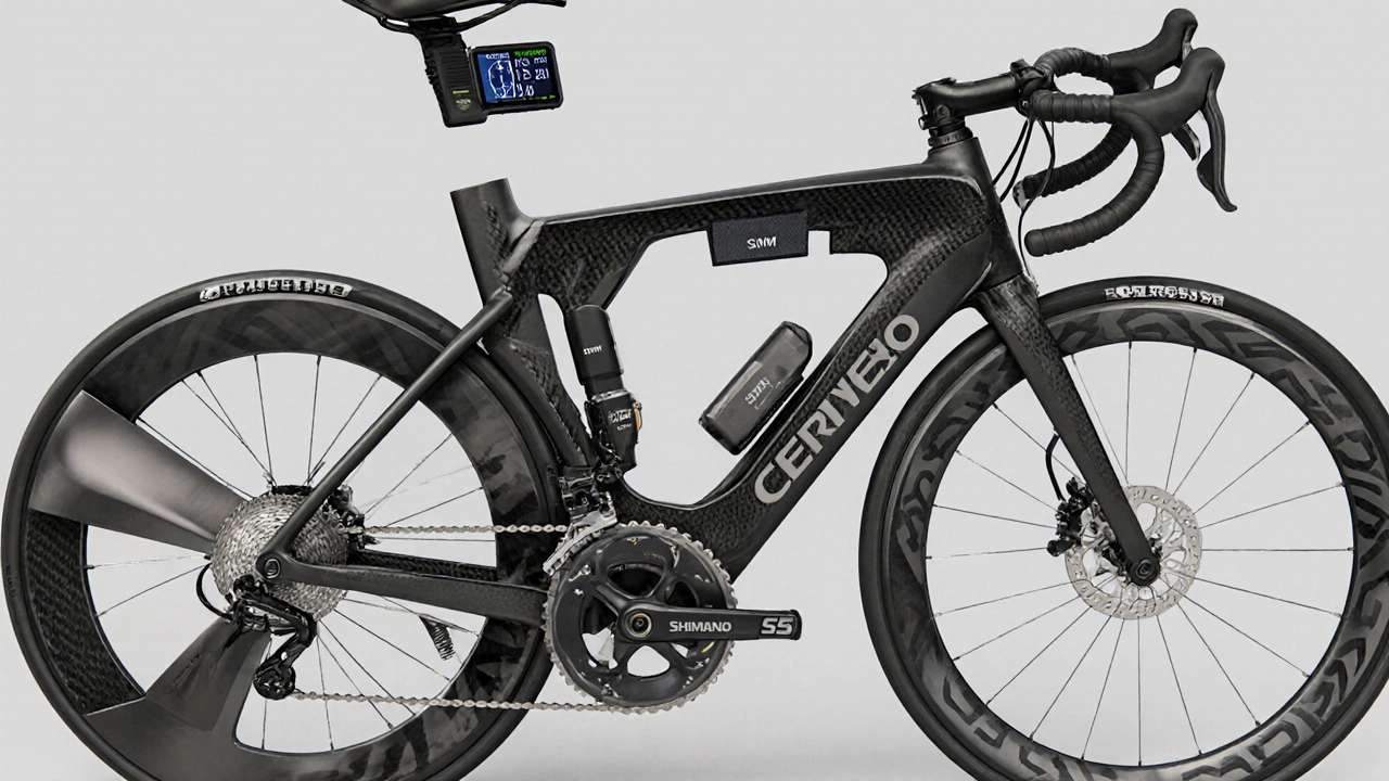 Illustrazione in sezione della Cervélo S5 con telaio in carbonio, trasmissione Shimano e sensori.