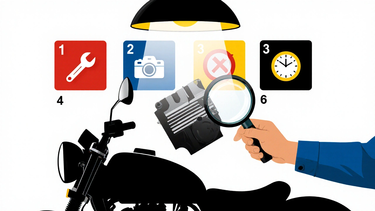 Mani di tecnico che ispezionano il motore originale di una moto con strumenti astratti