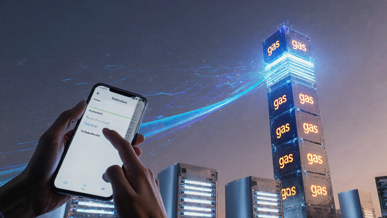 Mano con smartphone invia transazione, collegata a una torre di blocchi Ethereum illuminati.