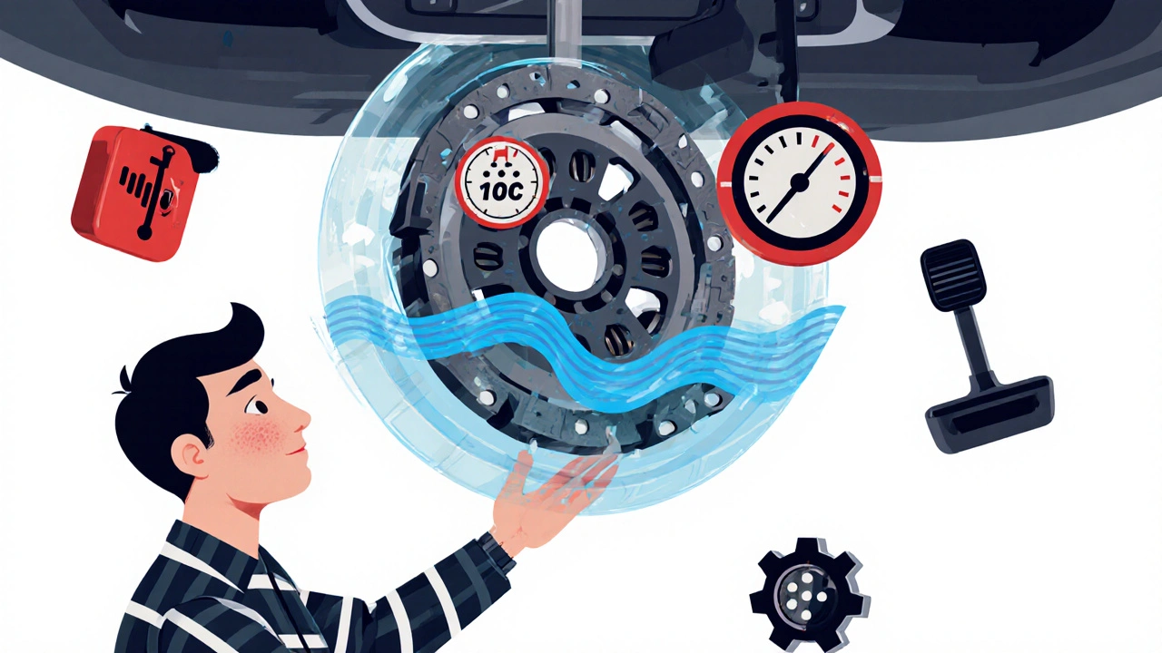Meccanico che ispeziona un sistema di frizione trasparente con elementi geometrici che rappresentano il freddo.