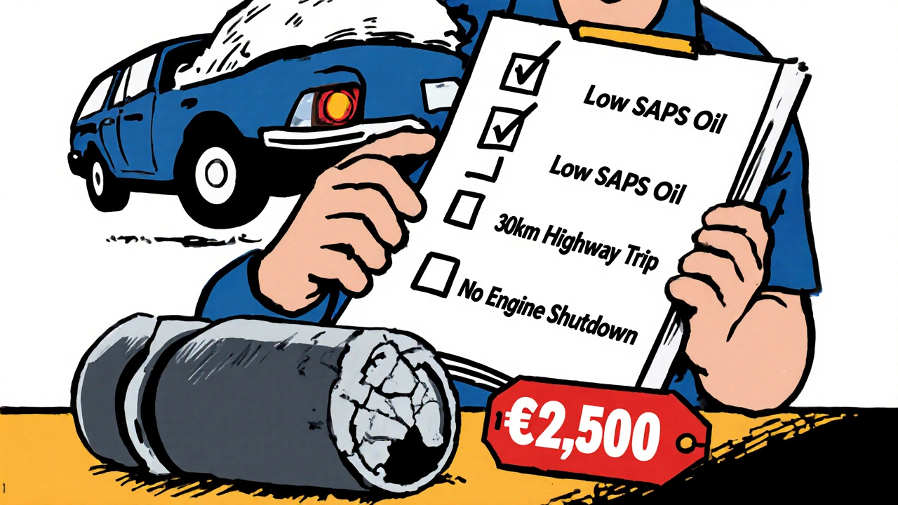 Meccanico con checklist per manutenzione DPF e filtro rotto, stile De Stijl con colori rosso, blu e giallo.