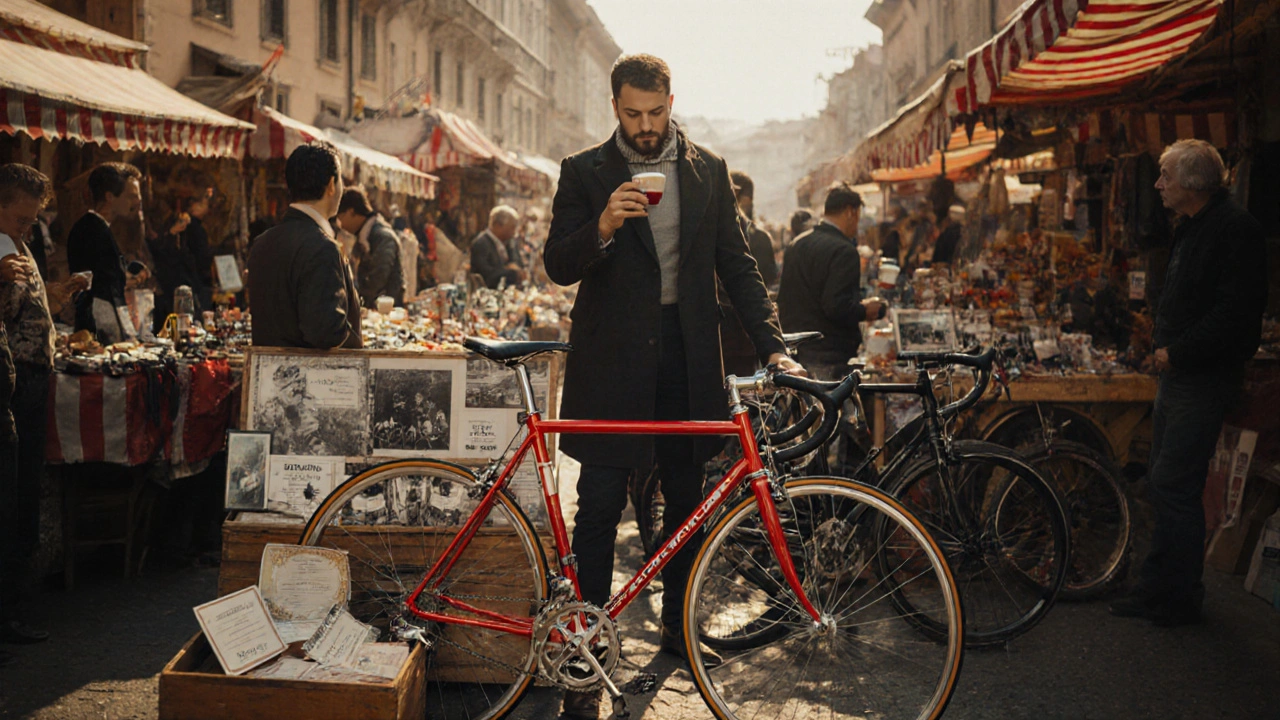 Mercato vintage con esposizione di repliche delle bici di Pantani e appassionati.