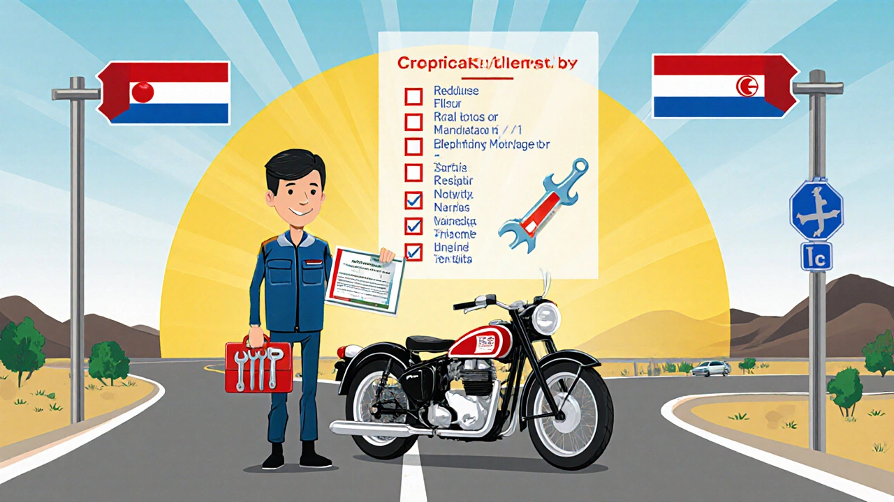 Motociclista con certificato e checklist astratta, stile De Stijl.