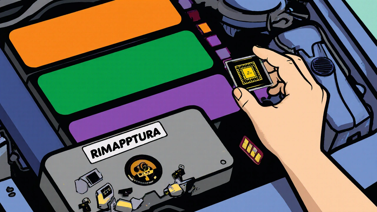 Motore a rompicapo con componenti colorati e chip di rimappatura inserito