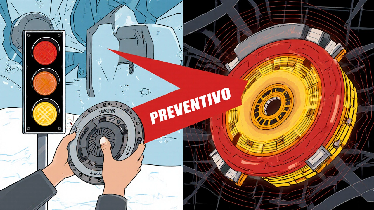 Rappresentazione stilizzata a due pannelli: frizione congelata a sinistra e nuova a destra, con freccia di prevenzione.