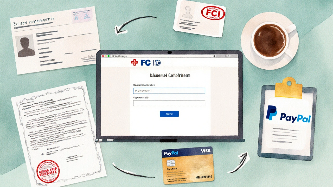 Scena di lavoro con documenti, laptop e carta FCI in stile acquerello.