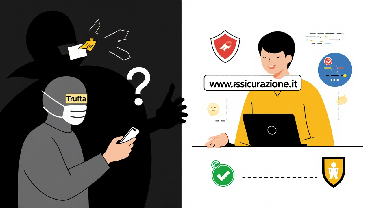 Scena divisa: truffa a sinistra, azione sicura a destra, stile geometrico primario