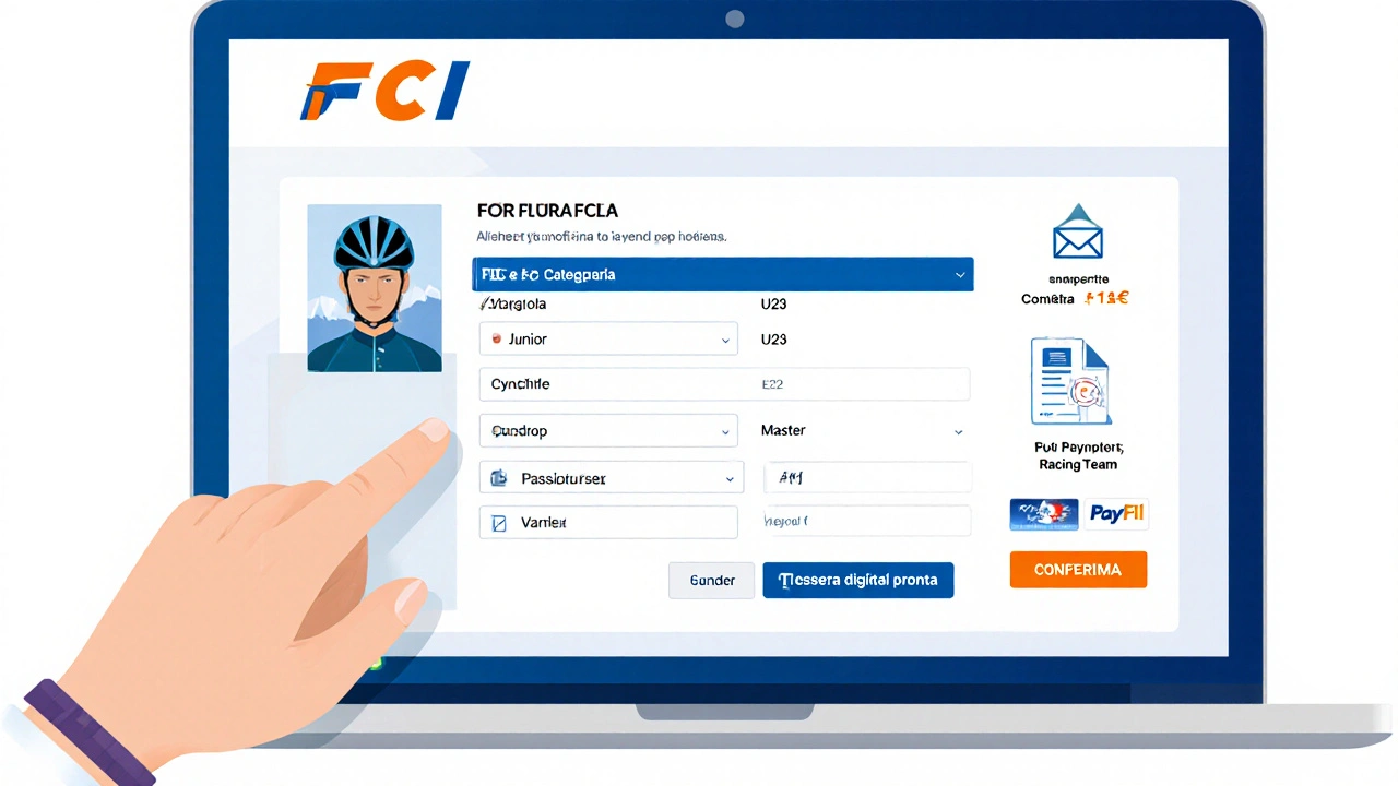 Schermata del sito FCI con modulo di iscrizione e foto del ciclista.