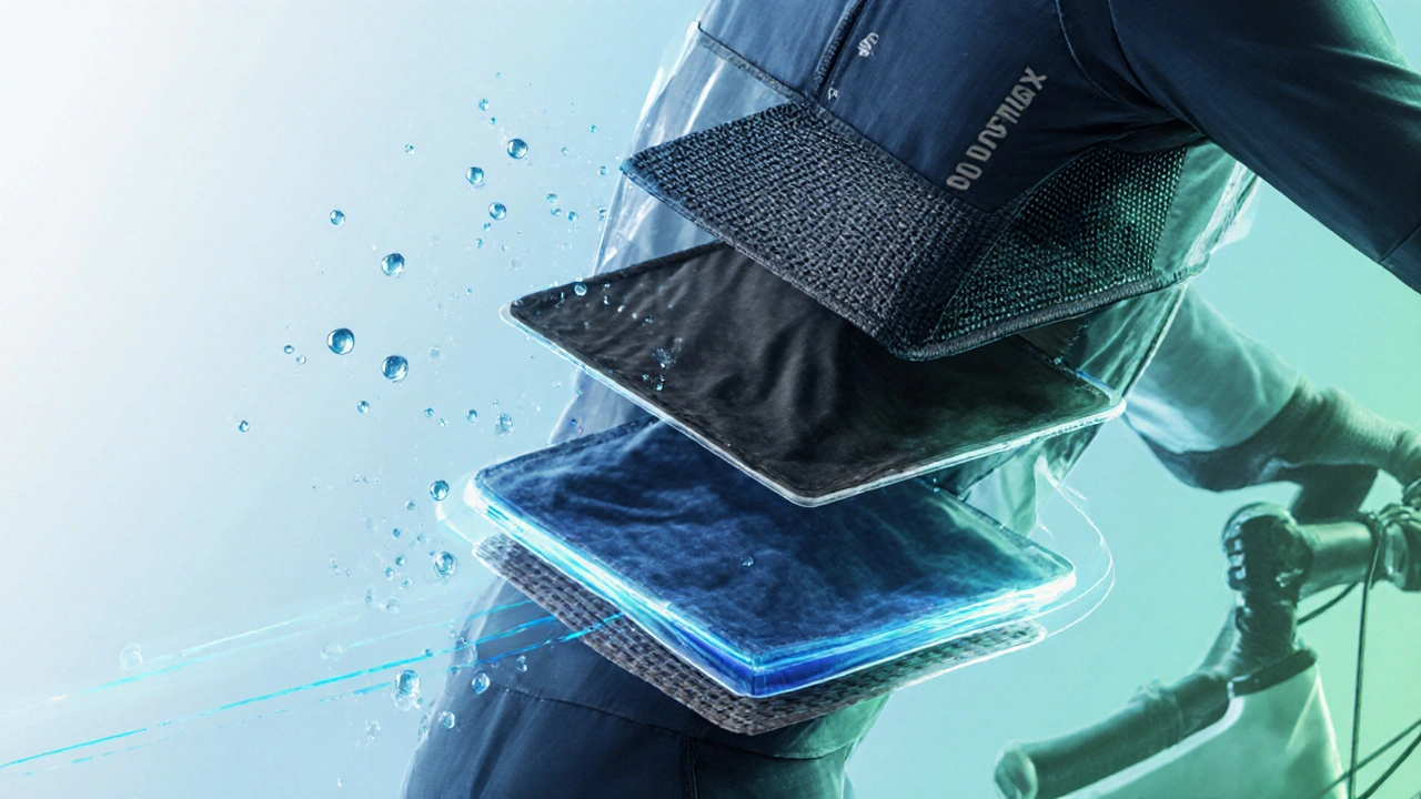 Sezione a strati di abbigliamento da ciclismo che mostra tessuti Coolmax, nylon e lana merino con gocce d’acqua.