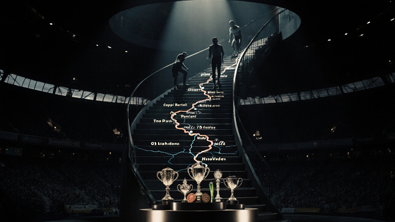 Silhouette dei grandi ciclisti salgono una scalinata di percorsi di gara.