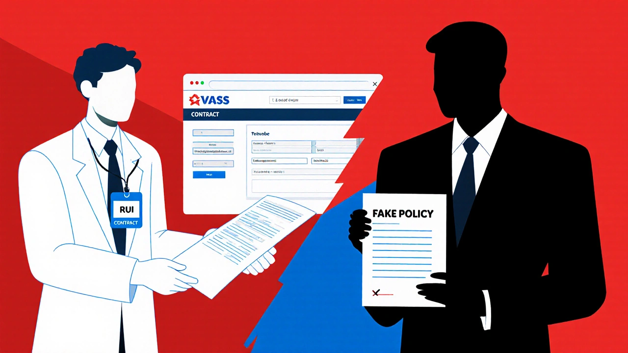 Split scene: agente autorizzato vs truffatore, con dati IVASS verificati e conto bancario privato in stile De Stijl.