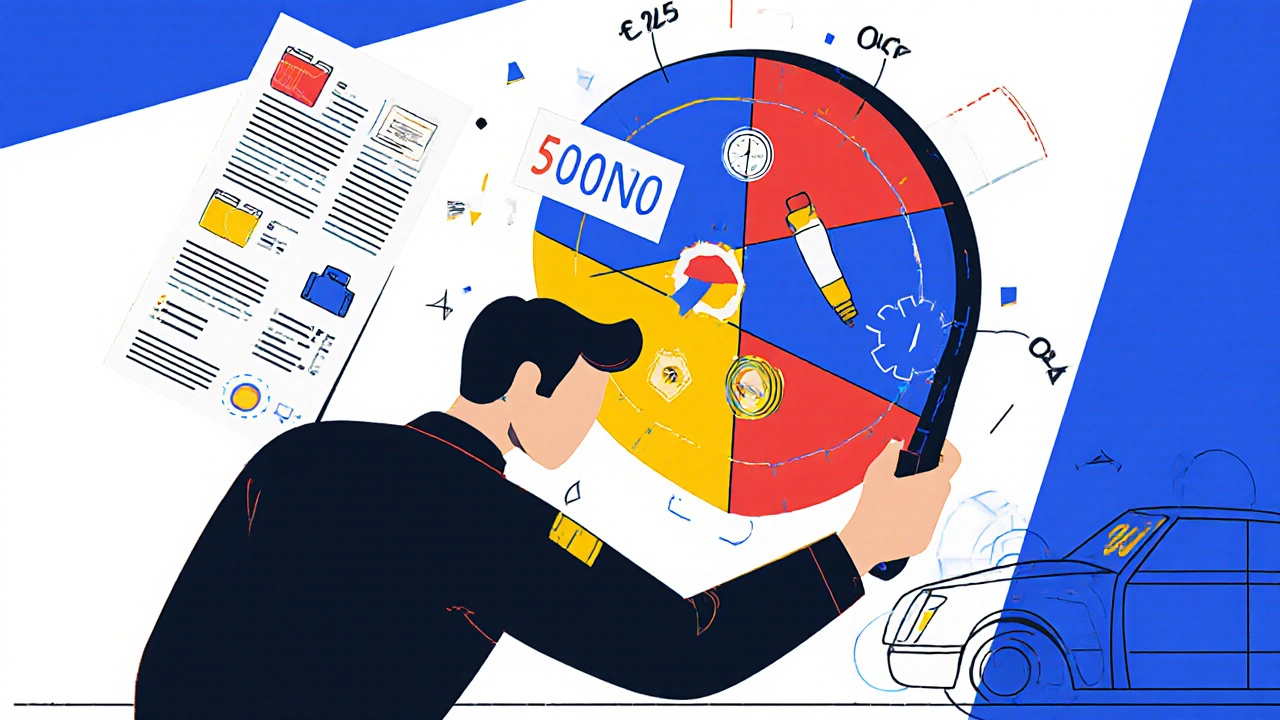Tecnico che analizza dati in tempo reale su un&#039;auto con strumenti geometrici e colori primari.