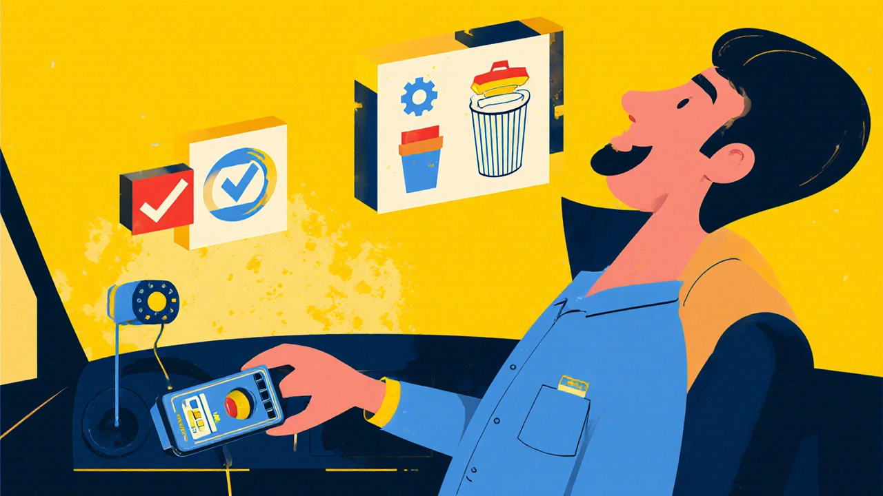 Tecnico che usa uno strumento OBD con icone astratte di reset e calibrazione